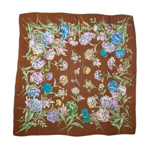 Vintage Floral Silk Scarf 35" Square Brown With Multicolor Botanical Print